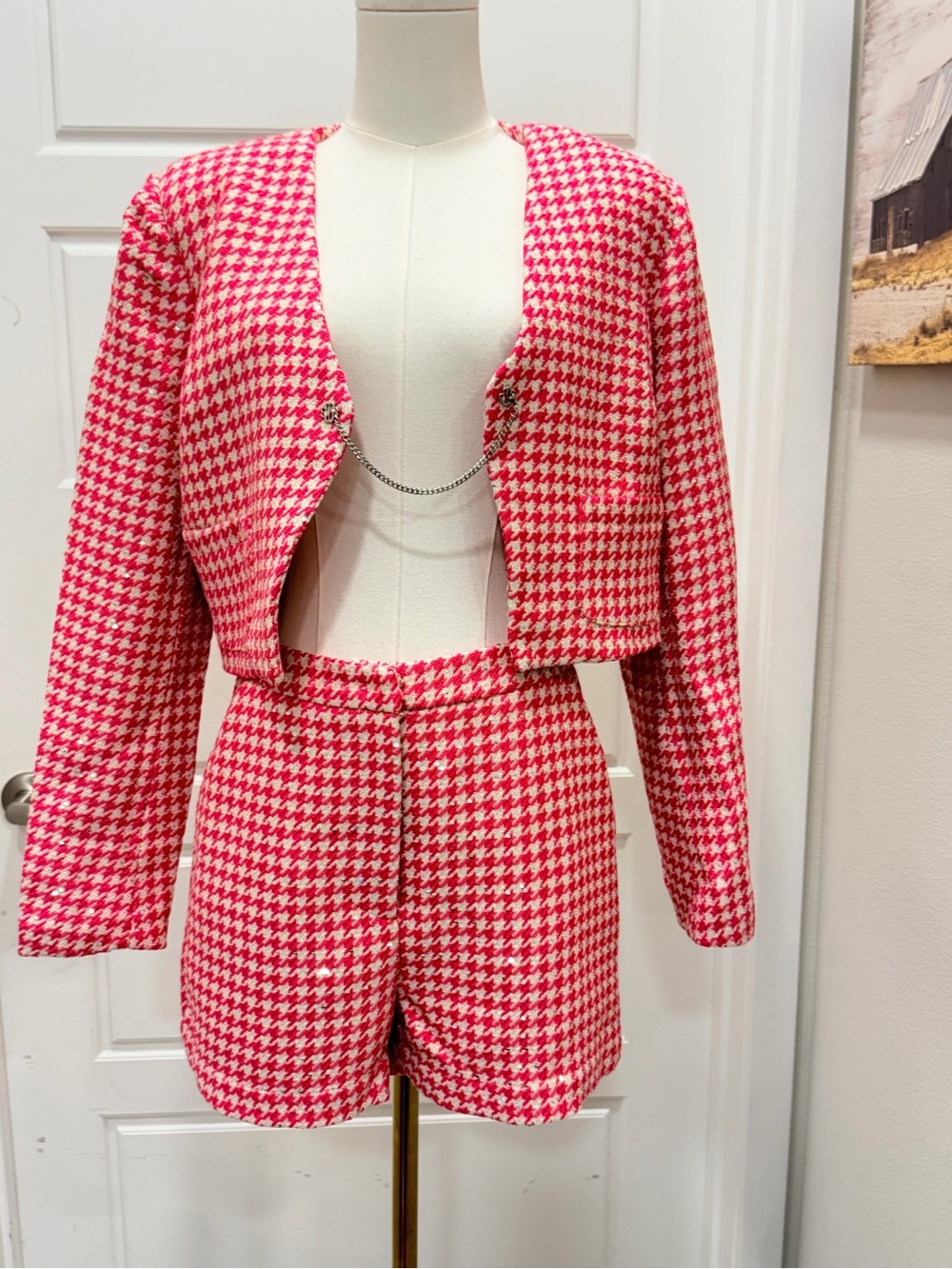 Rivir 2pc Pink/White Houndstooth Tweed Crop Blazer and Short Set - Picture 6 of 15